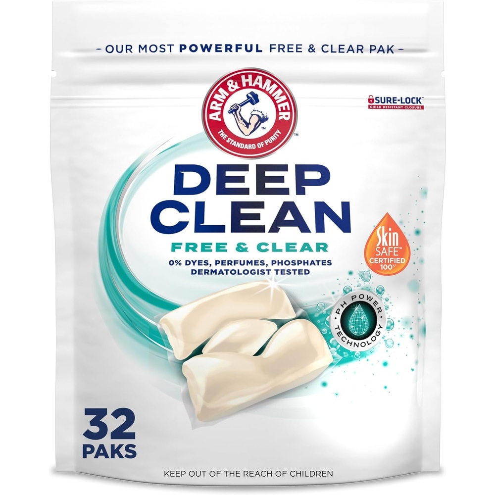 image:imageARM amp HAMMER Deep Clean Free amp Clear Laundry Detergent Power Paks Free of Dyes and Perfumes Dermatologist Tested 32 Count32 Count Pack of 1