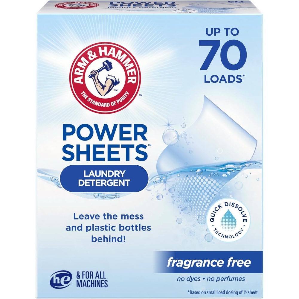 image:imageARM amp HAMMER Power Sheets Laundry Detergent Fresh Breeze Scent No Mess Lightweight and TravelFriendly 35 Count Up to 70 Small LoadsFragrance Free