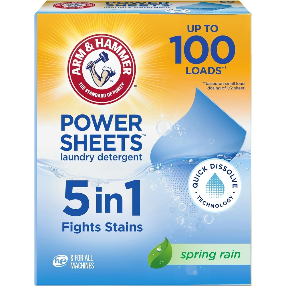 image:imageARM amp HAMMER Power Sheets Laundry Detergent Fresh Breeze Scent No Mess Lightweight and TravelFriendly 35 Count Up to 70 Small LoadsSpring Rain