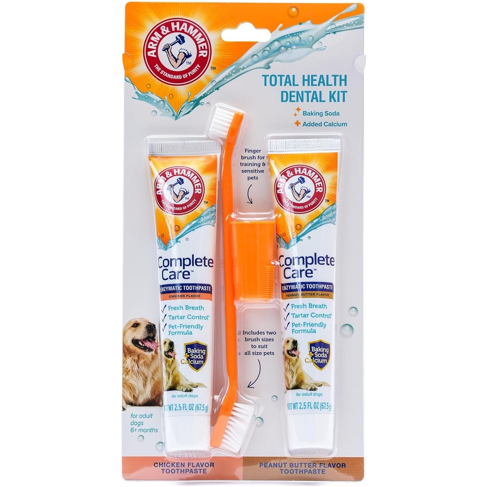 image:imageArm amp Hammer Complete Care Dog Dental Kit Enzymatic Toothpaste 25 OZ Chicken Flavor Toothbrush Finger Brush Tartar Baking Soda FormulaDog Dental Kit  Chicken  Peanut Butter