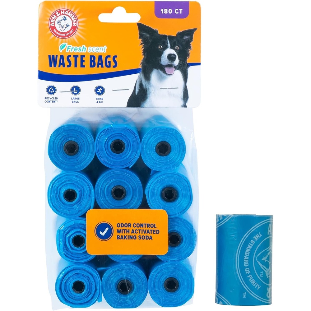 image:imageArm amp Hammer Durable Disposable Dog And Cat Waste Bags With Activated Baking Soda 180 Dog Poop Bags 9 x 14 Inches BlueBlue
