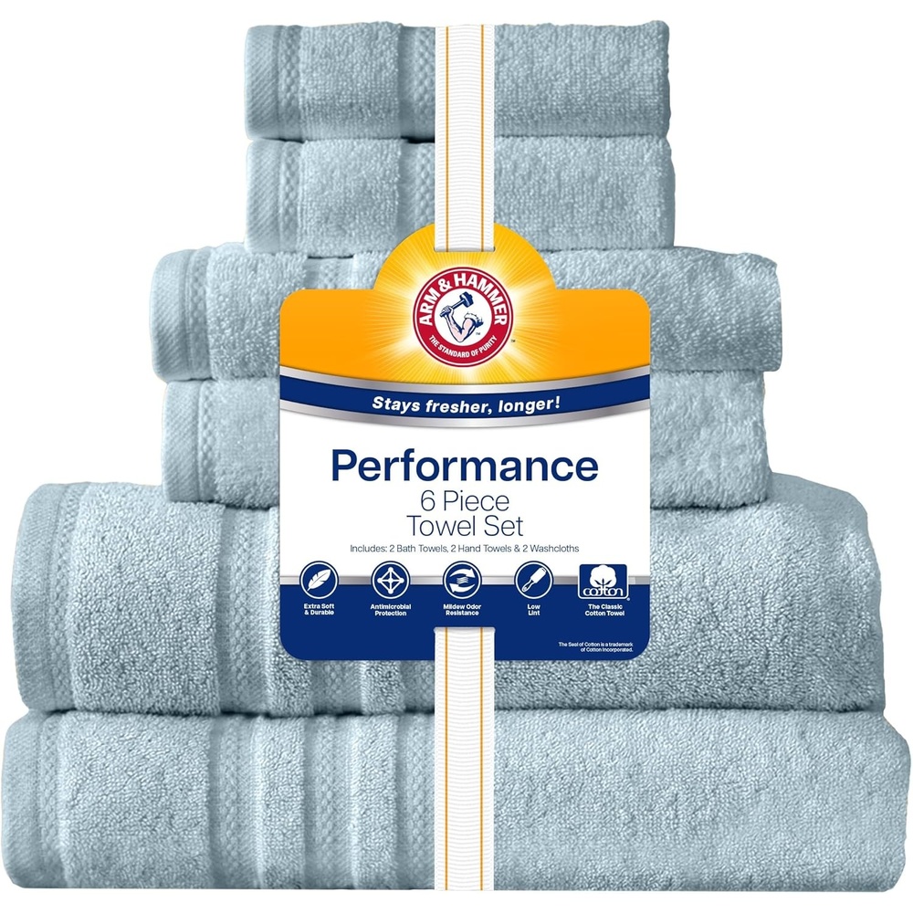 image:imageArm amp Hammer Performance Bath Towel Set 6 Piece WhiteLight Blue