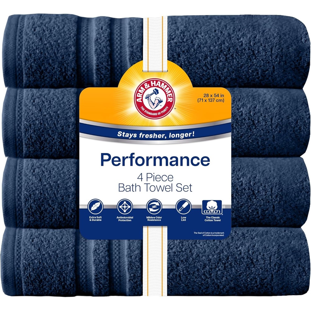 image:imageArm amp Hammer Performance Bath Towels 4 Piece WhiteDark Blue