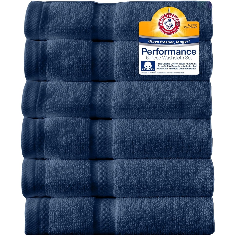 image:imageArm amp Hammer Performance Towel Washcloth Set 6 Piece WhiteDark Blue
