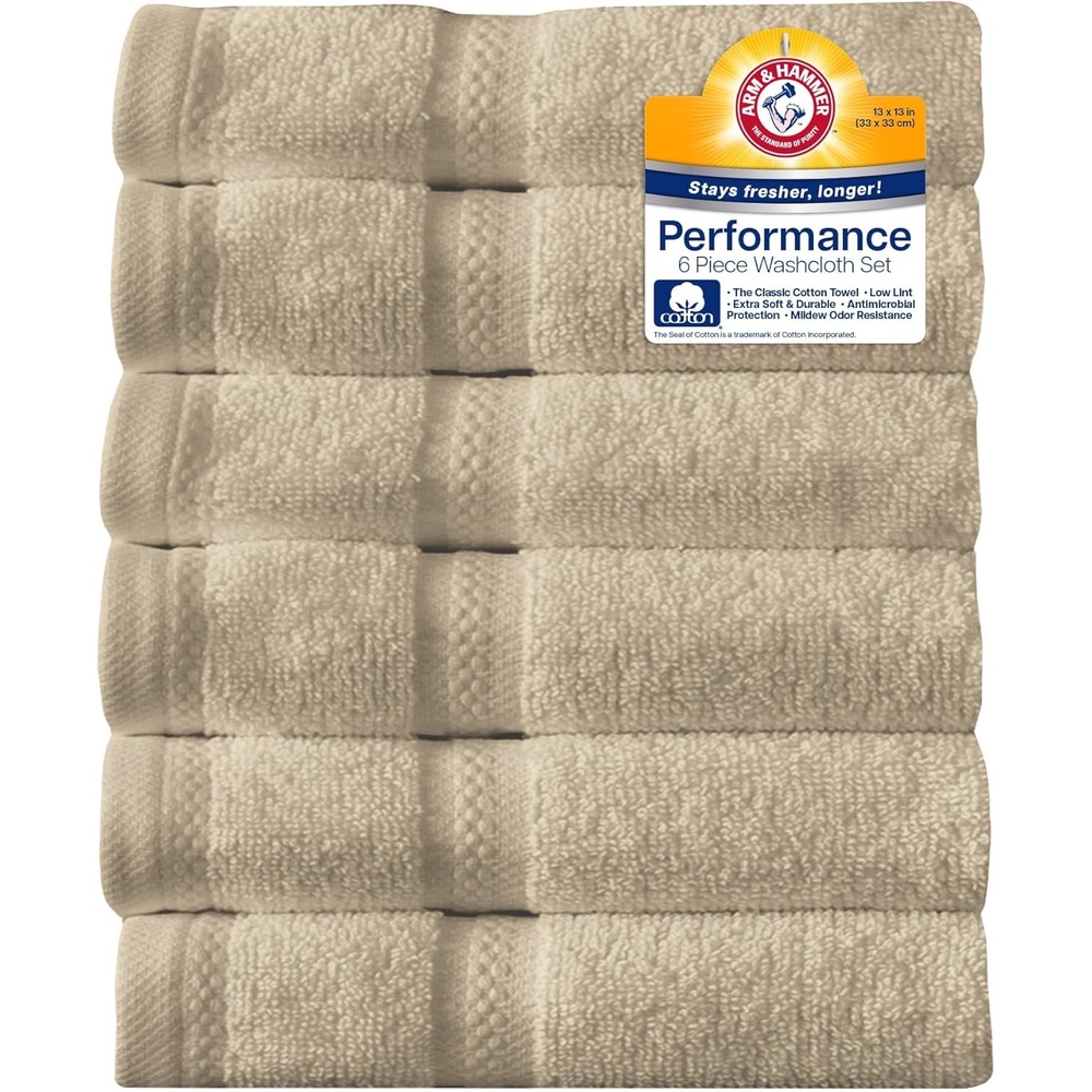 image:imageArm amp Hammer Performance Towel Washcloth Set 6 Piece WhiteKhaki