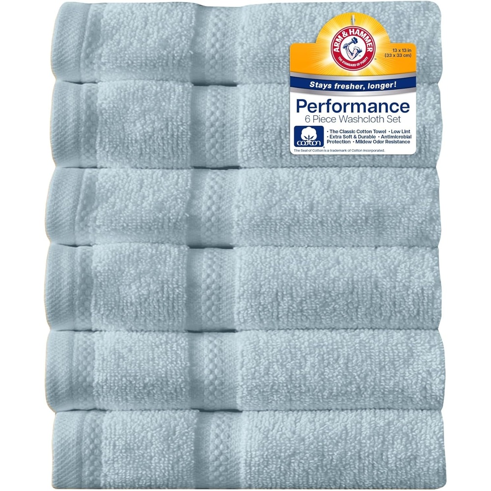 image:imageArm amp Hammer Performance Towel Washcloth Set 6 Piece WhiteLight Blue