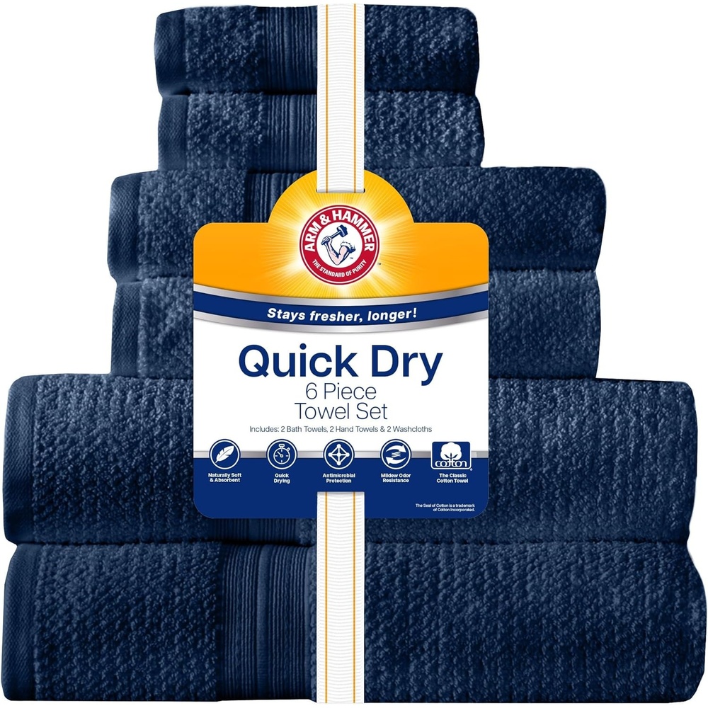 image:imageArm amp Hammer Quick Dry Bath Towel Set 6 Piece Light BlueDark Blue