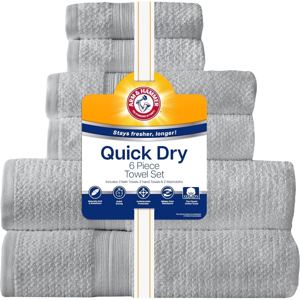 image:imageArm amp Hammer Quick Dry Bath Towel Set 6 Piece Light BlueLight Grey