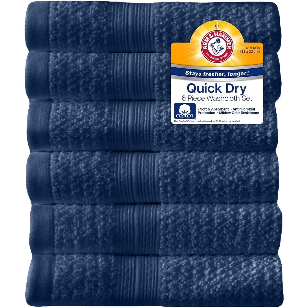 image:imageArm amp Hammer Quick Dry Washcloth Set 6 Piece Light GreyDark Blue