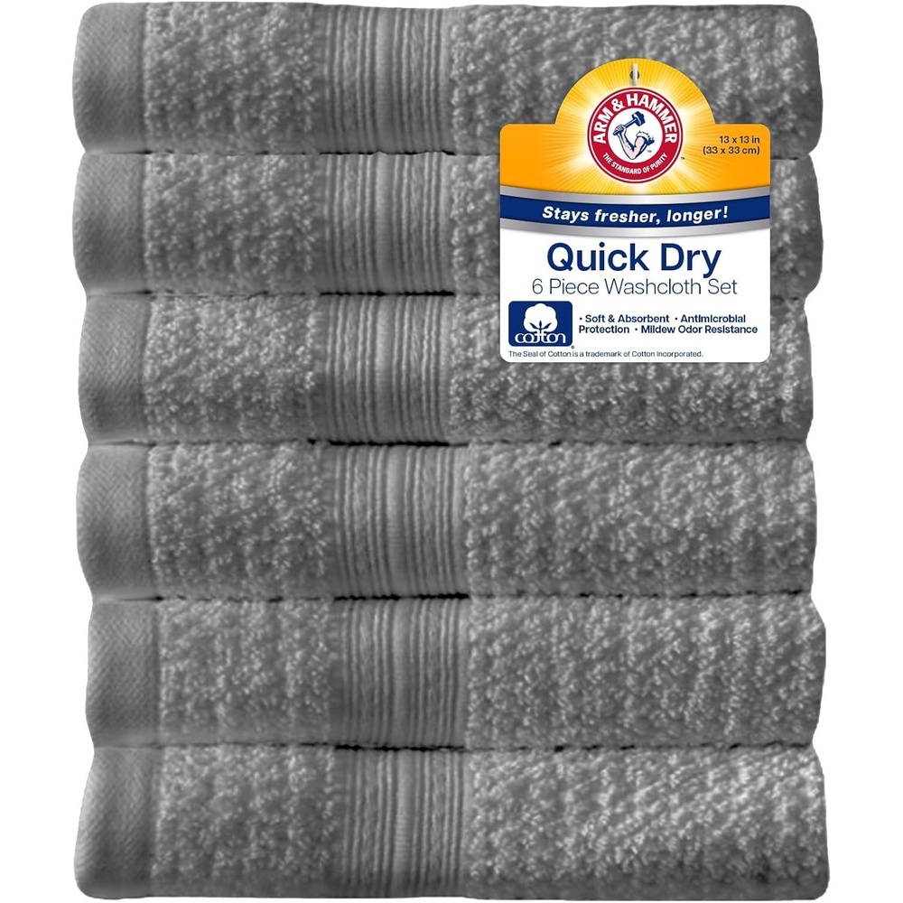 image:imageArm amp Hammer Quick Dry Washcloth Set 6 Piece Light GreyGrey