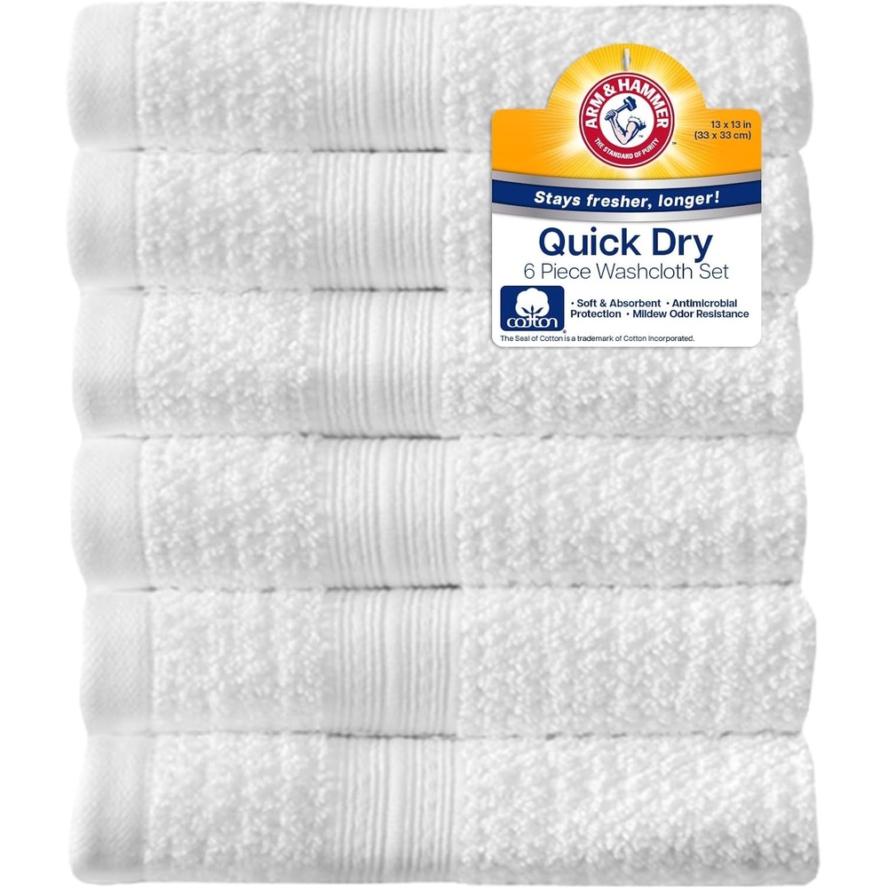 image:imageArm amp Hammer Quick Dry Washcloth Set 6 Piece Light GreyWhite