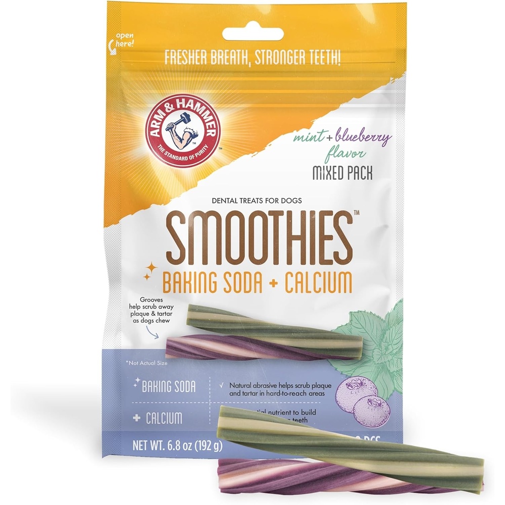 image:imageArm amp Hammer Smoothies Dental Chews for Dogs with Baking Soda amp Calcium Fight Bad Breath Plaque amp Tartar without Brushing Mint Flavor Medium Size 57 Count 33 lb BucketMint Blueberry