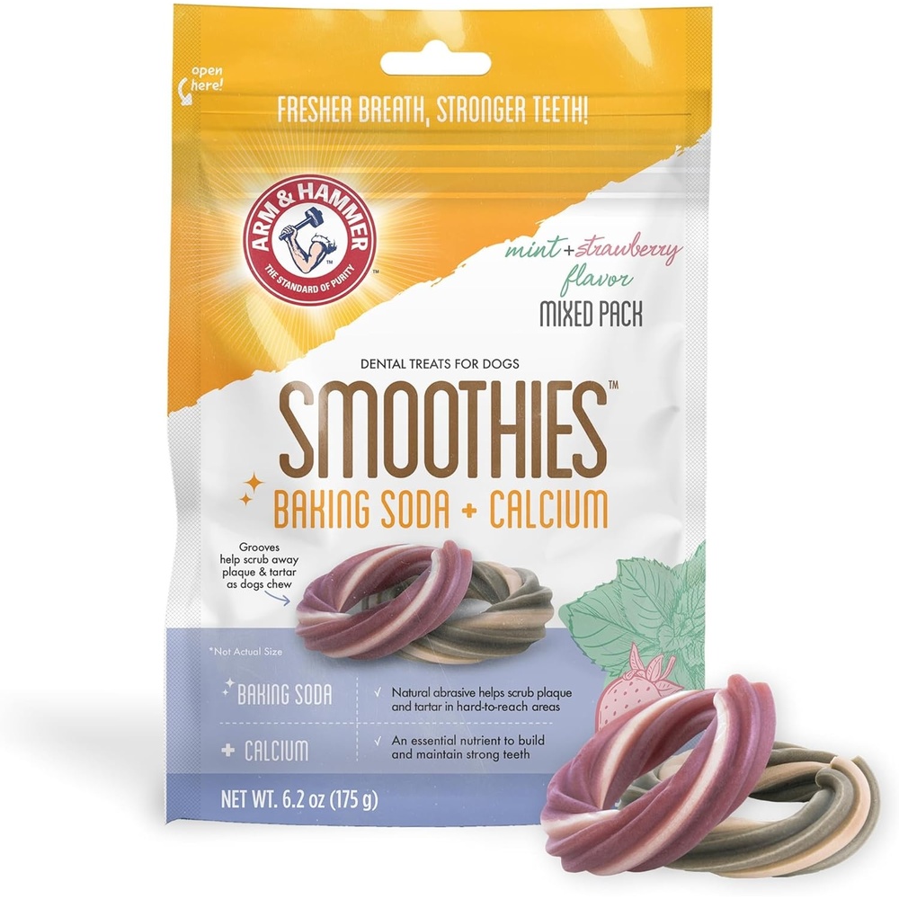 image:imageArm amp Hammer Smoothies Dental Chews for Dogs with Baking Soda amp Calcium Fight Bad Breath Plaque amp Tartar without Brushing Mint Flavor Ring Shaped 32 Count 24 lb BucketMint Strawberry Mixed