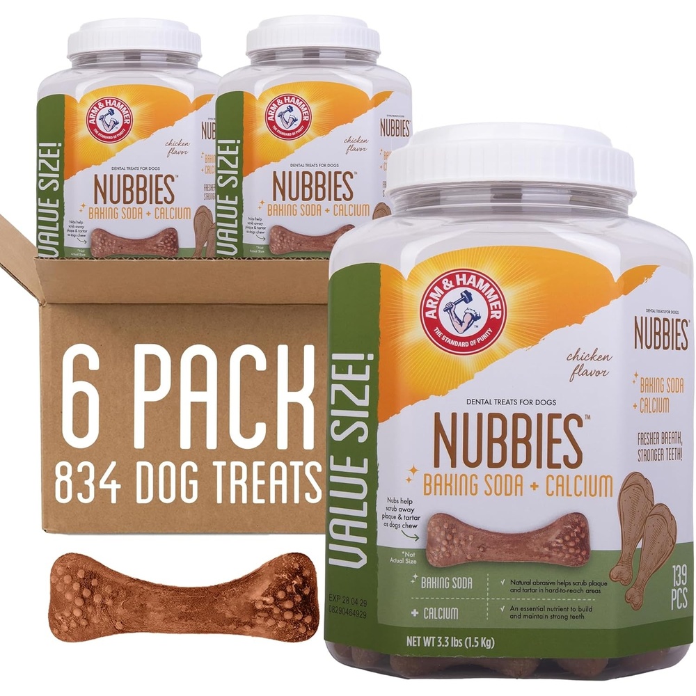 image:imageArm amp Hammer for Pets Nubbies Dental Treats Value Size Baking Soda Calcium Dog Dental Chews Nubbed Texture Scrubs Plaque Tartar Chicken Flavor 139 Count 528 OZ Bag 6 Pack