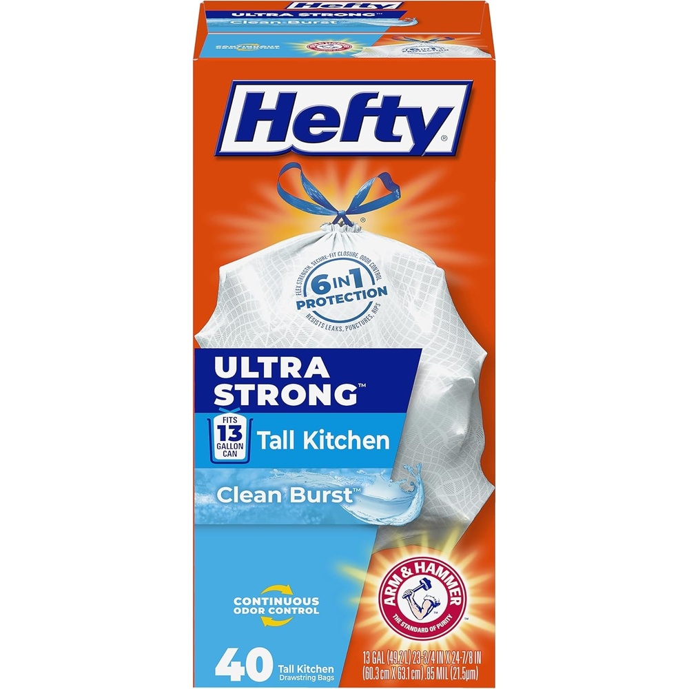 image:imageHefty Ultra Strong 13 Gallon Trash Bags Tall Kitchen Trash Bags 13 Gallon Size Drawstring Closure Continuous Odor Control White Citrus Twist Scent 80 BagsClean Burst