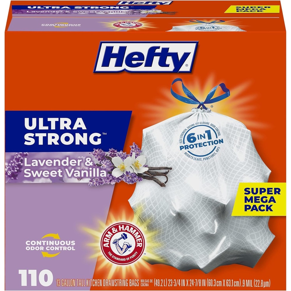 image:imageHefty Ultra Strong 13 Gallon Trash Bags Tall Kitchen Trash Bags 13 Gallon Size Drawstring Closure Continuous Odor Control White Citrus Twist Scent 80 BagsLavender Sweet Vanilla 13G