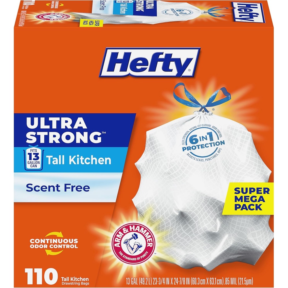 image:imageHefty Ultra Strong 13 Gallon Trash Bags Tall Kitchen Trash Bags 13 Gallon Size Drawstring Closure Continuous Odor Control White Unscented 110 Bags110 Count Pack of 1