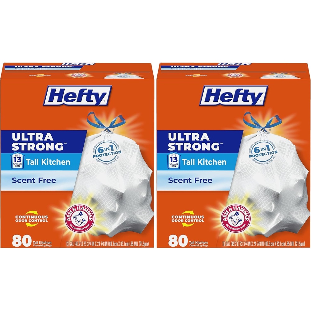 image:imageHefty Ultra Strong 13 Gallon Trash Bags Tall Kitchen Trash Bags 13 Gallon Size Drawstring Closure Continuous Odor Control White Unscented 110 Bags80 Count Pack of 2