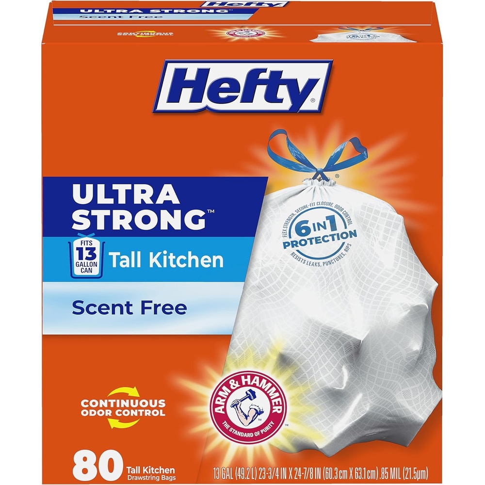 image:imageHefty Ultra Strong 13 Gallon Trash Bags Tall Kitchen Trash Bags 13 Gallon Size Drawstring Closure Continuous Odor Control White Unscented 110 Bags80 Count Pack of 1
