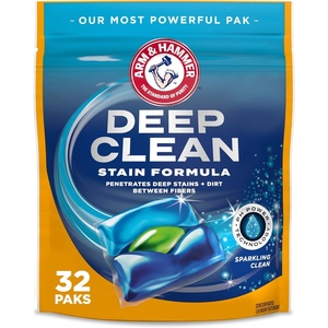 ARM & HAMMER Deep Clean Stain Formula Laundry Detergent Power Paks, Sparkling Clean Scent, 32 Count, 32 Loads(Clean Brust)