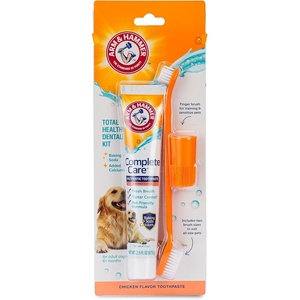 Arm & Hammer Complete Care Dog Dental Kit Enzymatic Toothpaste 2.5 OZ Chicken Flavor Toothbrush Finger Brush Tartar Baking Soda Formula(Dog – Chicken)