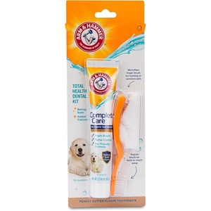 Arm & Hammer Complete Care Dog Dental Kit Enzymatic Toothpaste 2.5 OZ Chicken Flavor Toothbrush Finger Brush Tartar Baking Soda Formula(Puppy Dental Kit – Peanut Butter)