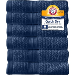 Arm & Hammer Quick Dry Washcloth Set, 6 Piece, Light Grey(Dark Blue)