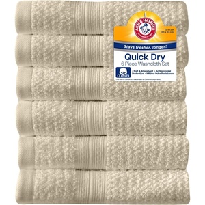 Arm & Hammer Quick Dry Washcloth Set, 6 Piece, Light Grey(Khaki)