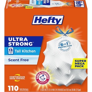 Hefty Ultra Strong 13 Gallon Trash Bags, Tall Kitchen Trash Bags 13 Gallon Size, Drawstring Closure, Continuous Odor Control, White, Unscented, 110 Bags(110 Count (Pack of 1))