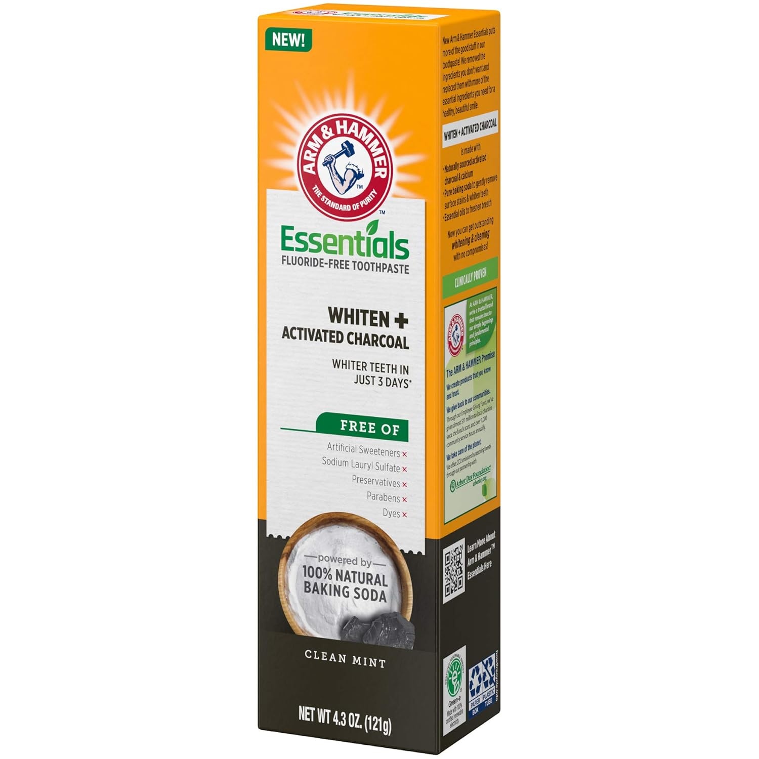 image:imageARM amp HAMMER Essentials FluorideFree Toothpaste Whitening Activated Charcoal Toothpaste 4 Pack of 43oz Tubes Clean Mint 100 Natural Baking Soda43 Ounce Pack of 12