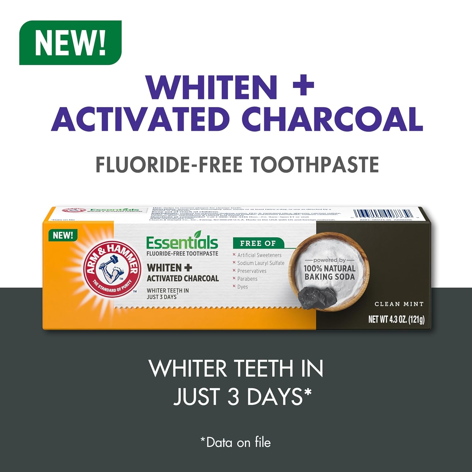 image:imageARM amp HAMMER Essentials FluorideFree Toothpaste Whitening Activated Charcoal Toothpaste 4 Pack of 43oz Tubes Clean Mint 100 Natural Baking Soda43 Ounce Pack of 4