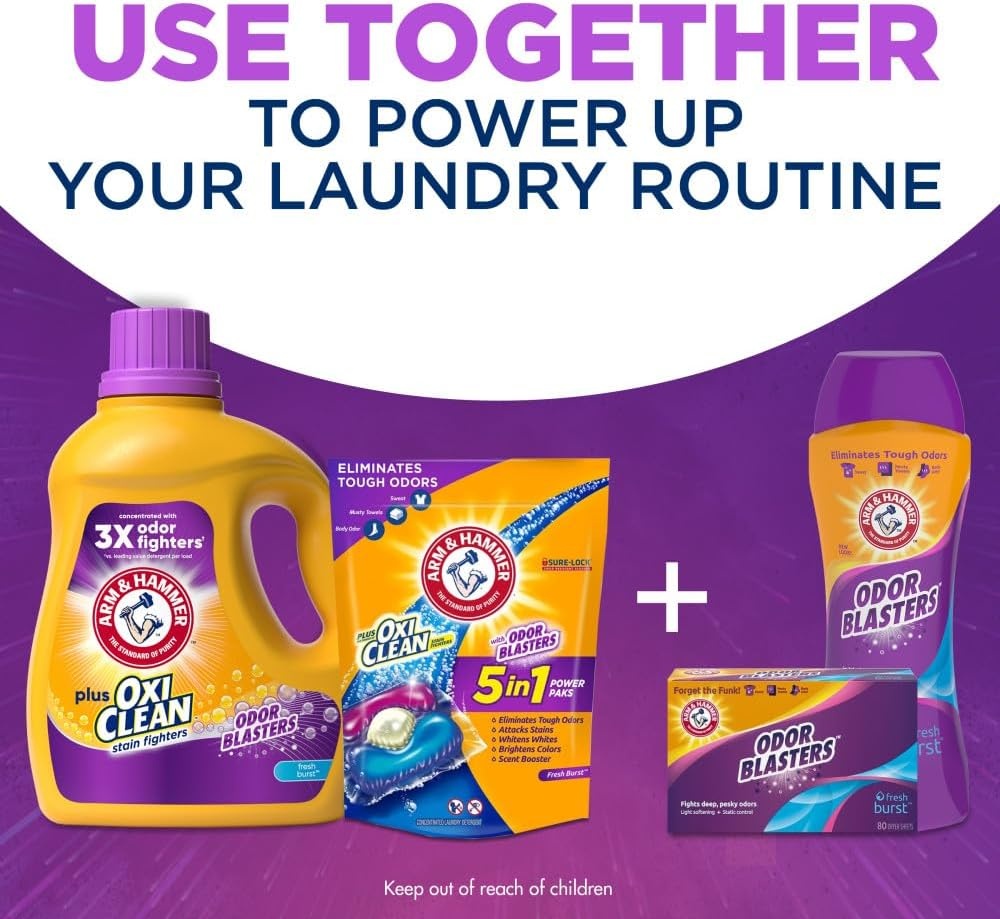 image:imageARM amp HAMMER Plus OxiClean with Odor Blasters Liquid Laundry Detergent Laundry Odor Remover Attacks Stains Fresh Botanical Scent 74 Loads 962 Fl OzFresh Burst