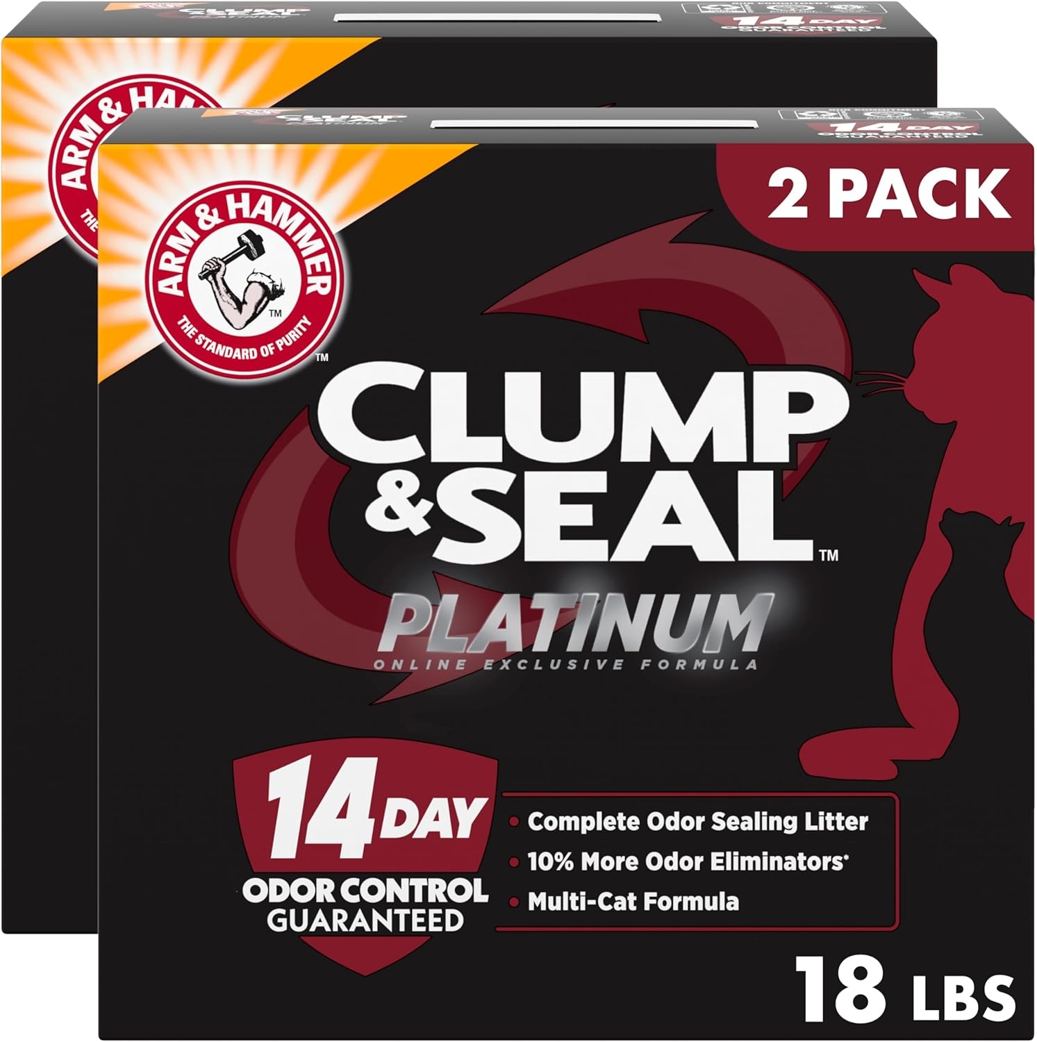 image:imageARM amp Hammer Clump amp Seal Platinum Cat Litter MultiCat Clumping Litter Forms RockHard Clumps Powerful Odor Eliminators with Baking Soda 14Day Odor Control 18 lbs18 lbs Pack of 2