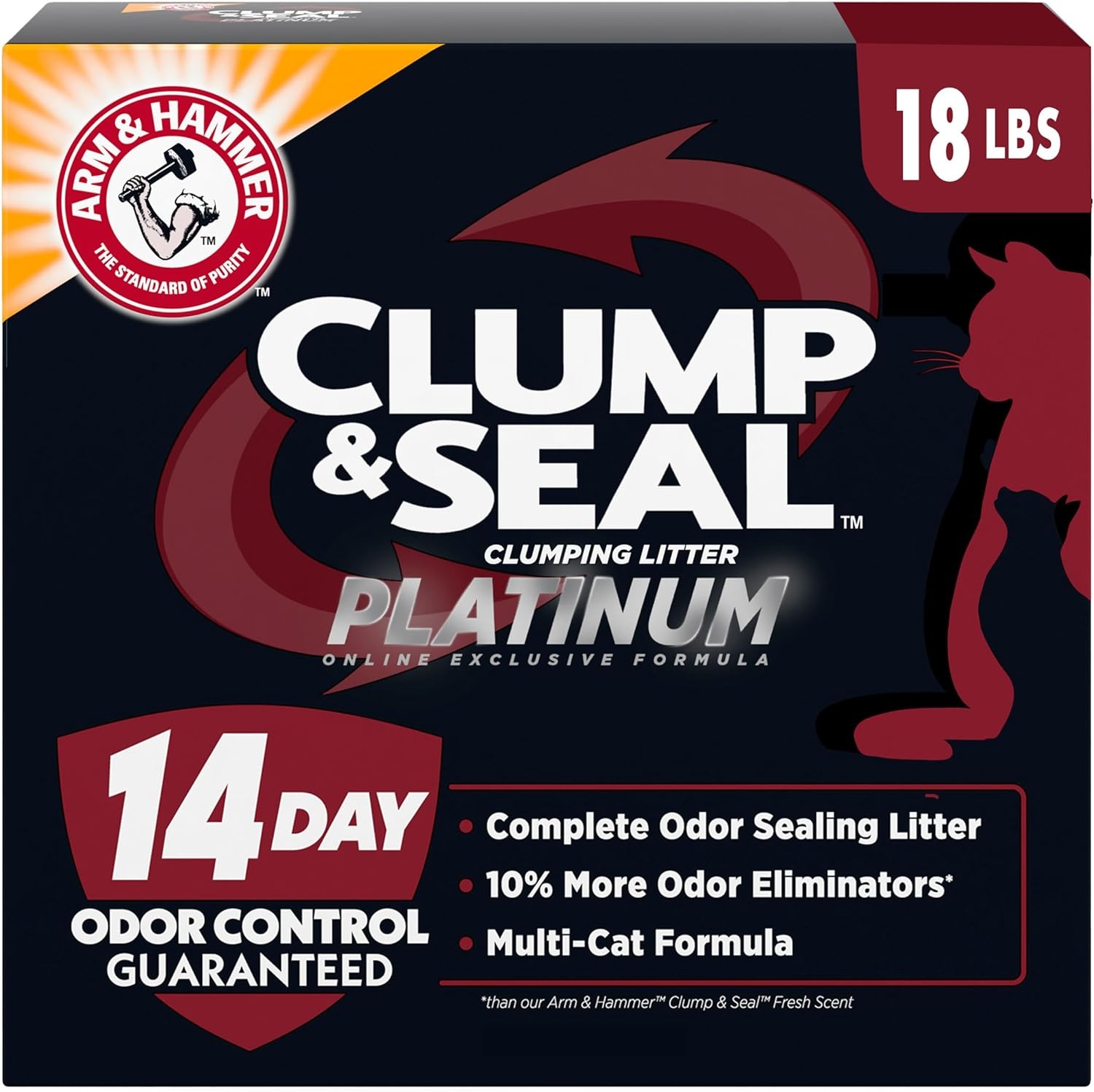 image:imageARM amp Hammer Clump amp Seal Platinum Cat Litter MultiCat Clumping Litter Forms RockHard Clumps Powerful Odor Eliminators with Baking Soda 14Day Odor Control 18 lbs18 lbs