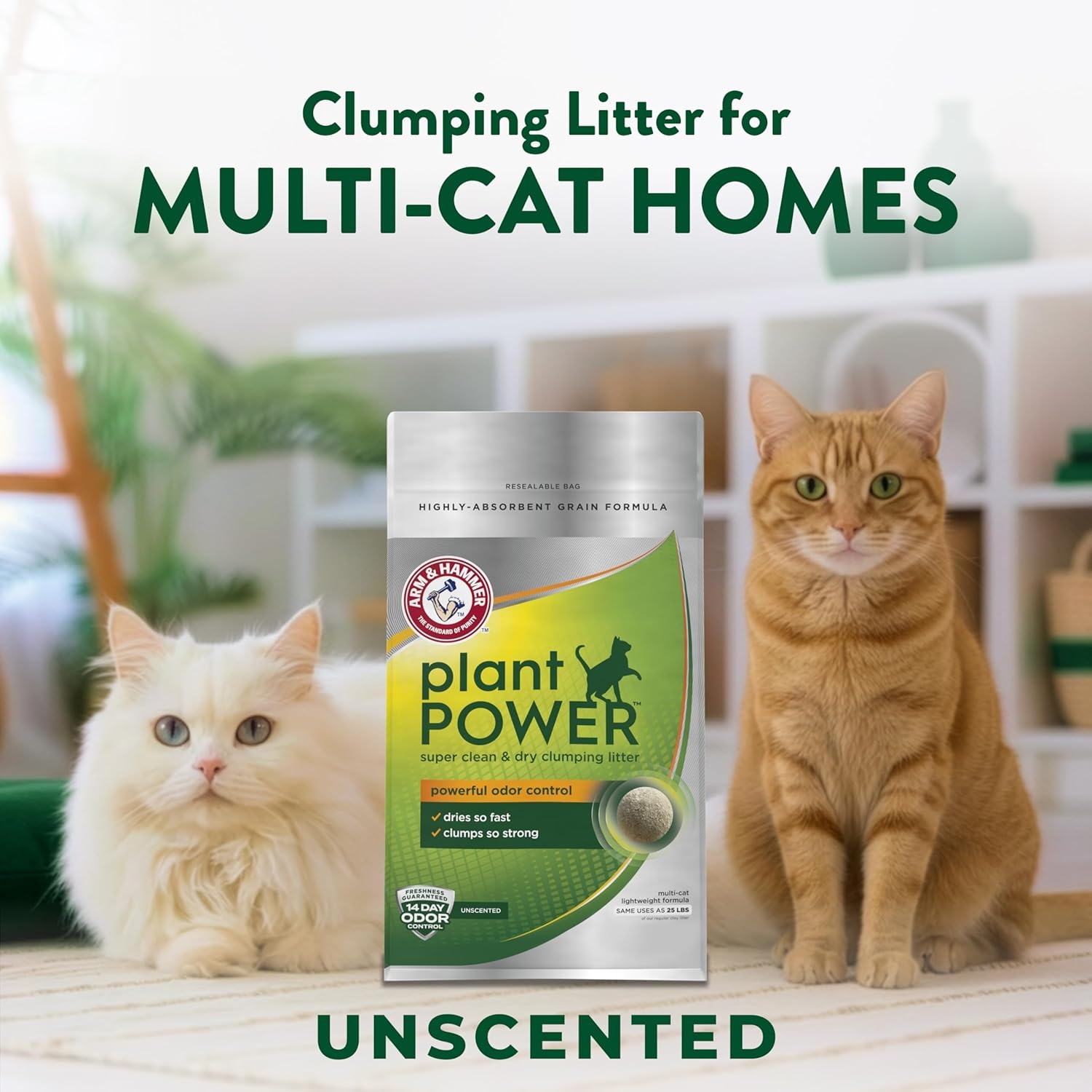 image:imageARM amp Hammer Plant Power Lightweight PlantBased Clumping Cat Litter for MultiCat Homes 14Day Odor Control Highly Absorbent Natural Grain Formula Unscented 15 Lbs