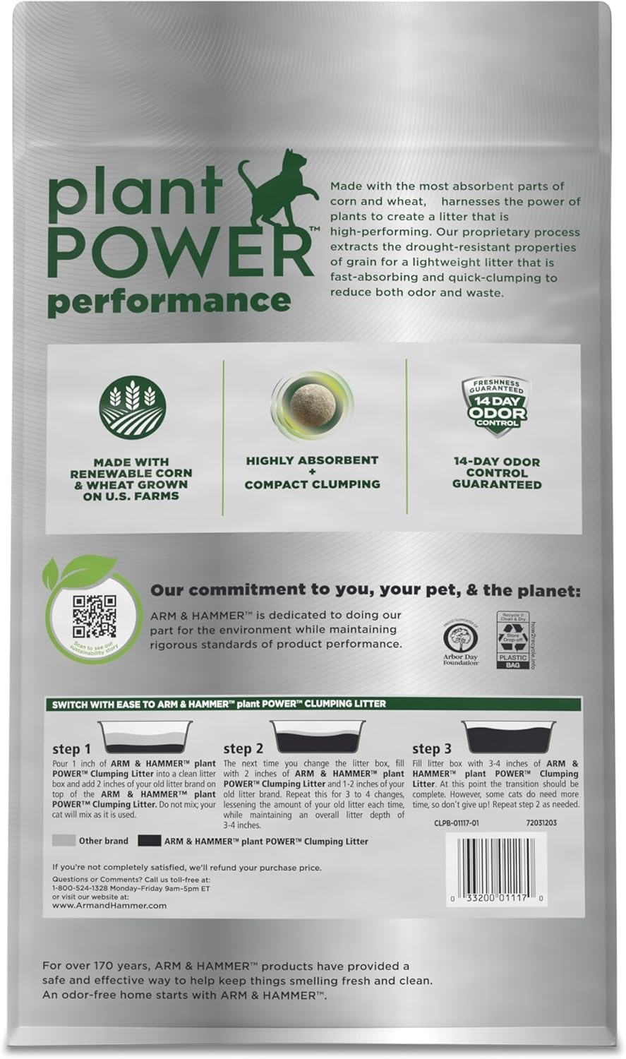 image:imageARM amp Hammer Plant Power Lightweight PlantBased Clumping Cat Litter for MultiCat Homes 14Day Odor Control Highly Absorbent Natural Grain Formula Unscented 15 Lbs