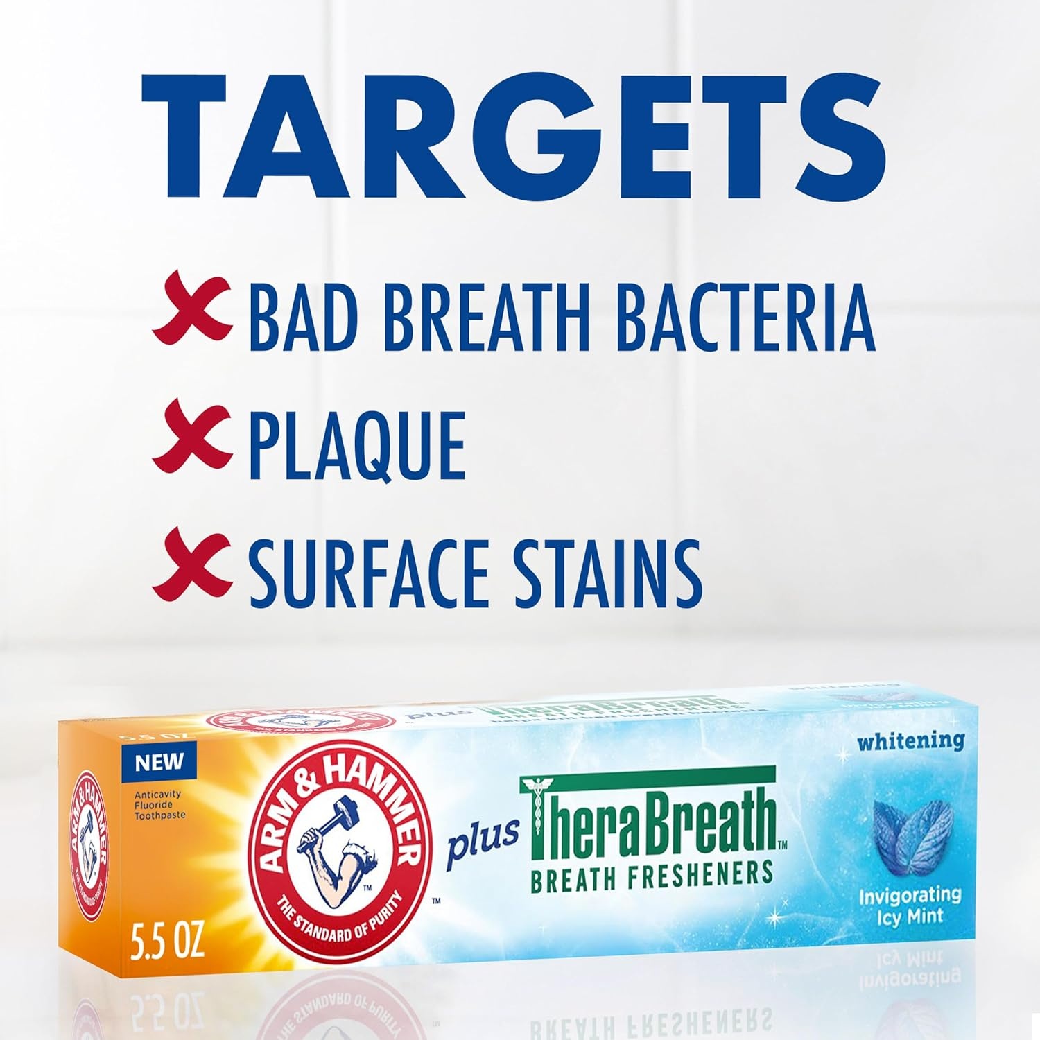 image:imageARM amp Hammer Toothpaste Plus TheraBreath Breath Fresheners ICY Mint Flavor Teeth Whitening Toothpaste Anticavity Fluoride for Bad Breath 55 Oz Pack of 255 Ounce Pack of 4