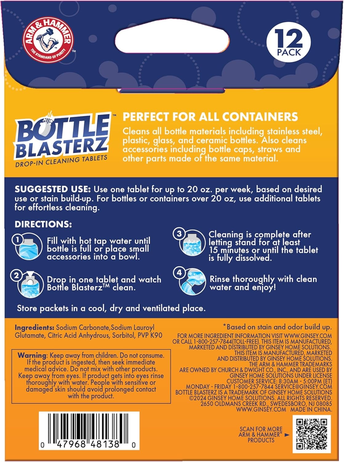 image:imageArm amp Hammer Bottle Blasterz DropIn Cleaning Tablets Perfect for Water Bottles Tumblers and Coolers AllNatural Ingredients Eliminates Odors FastActing Individually Packed 12 Count