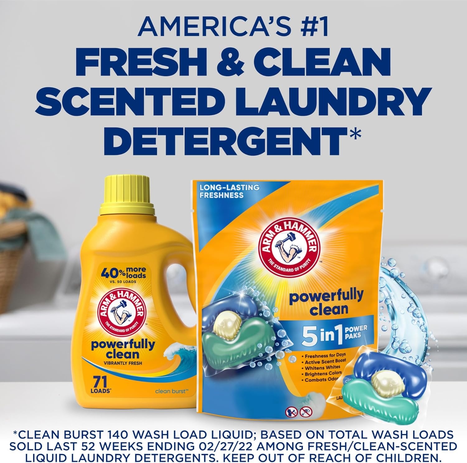 image:imageArm amp Hammer Clean Burst 5in1 Laundry Detergent Power Paks High Efficieny HE 42 CountClean Burst