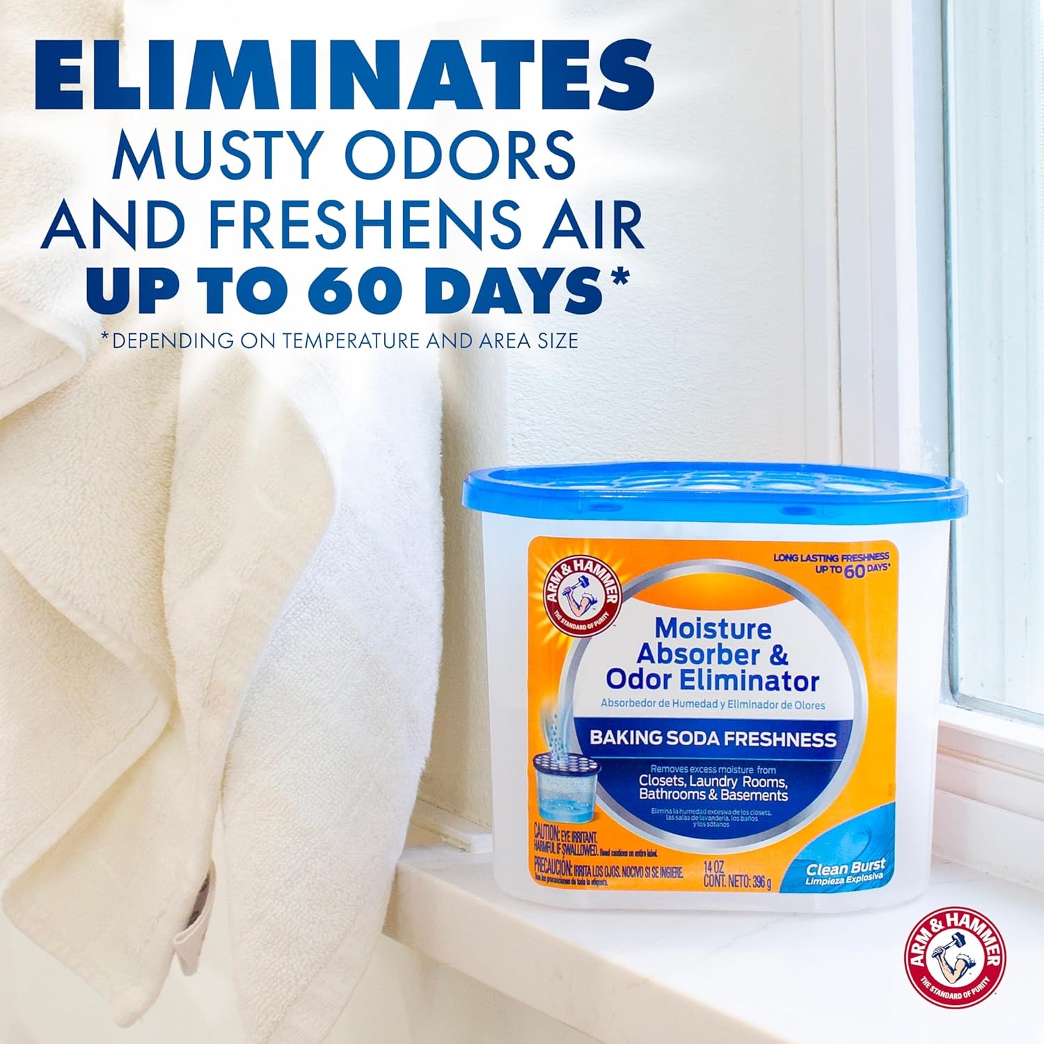 image:imageArm amp Hammer Clean Burst Moisture Absorber and Odor Eliminator Tubs 14 oz 3 Pack Attract and Trap Excess Moisture Eliminate Musty Odors Convenient and Effective