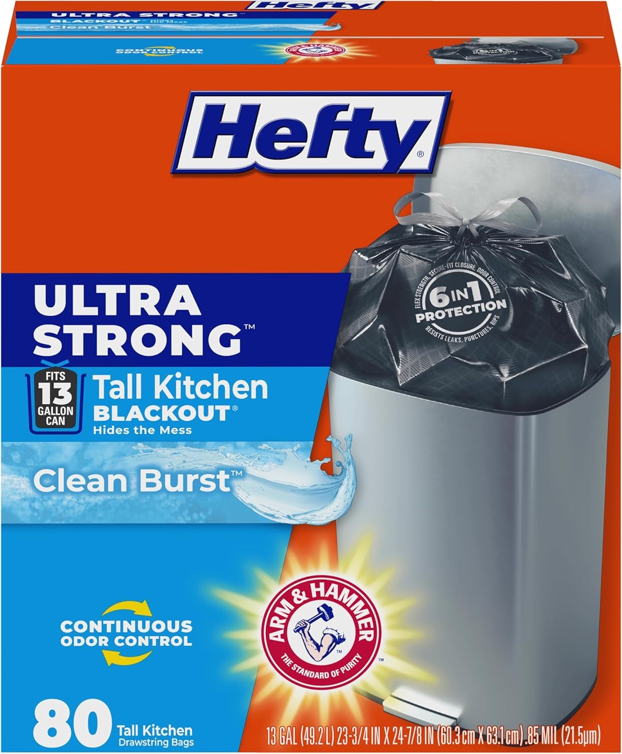 image:imageHefty Ultra Strong 13 Gallon Trash Bags Black Tall Kitchen Trash Bags 13 Gallon Size Break Resistant Drawstring Enclosure Continuous Odor Control Blackout Clean Burst Scent 80 BagsClean Burst