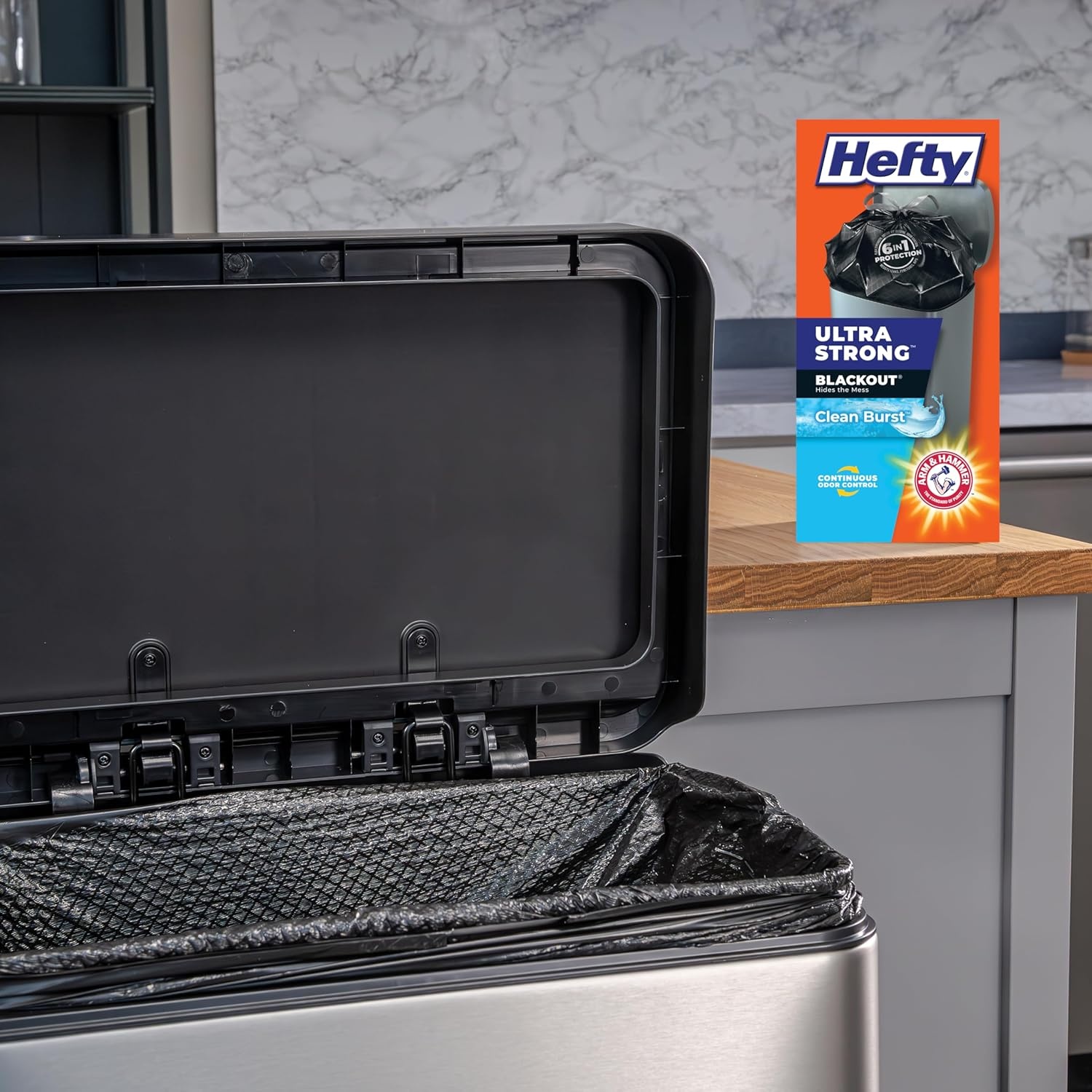 image:imageHefty Ultra Strong 13 Gallon Trash Bags Black Tall Kitchen Trash Bags 13 Gallon Size Break Resistant Drawstring Enclosure Continuous Odor Control Blackout Clean Burst Scent 80 BagsClean Burst
