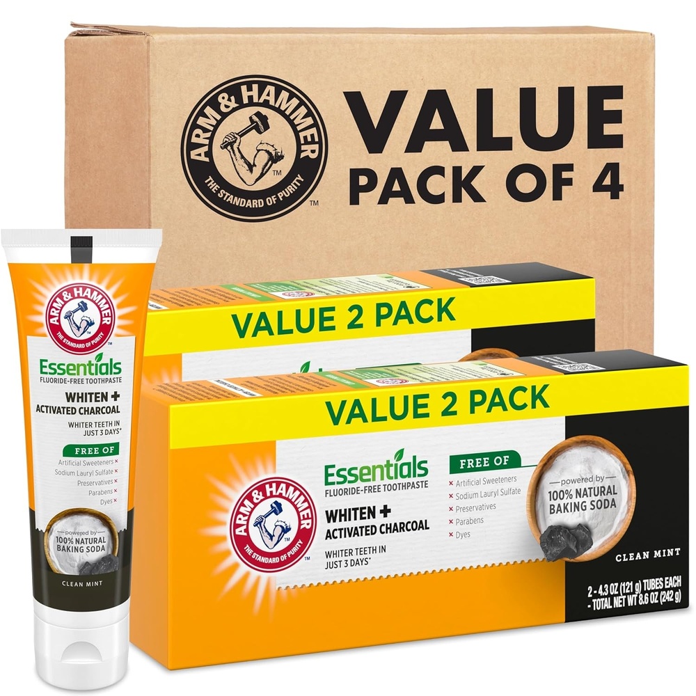 image:imageARM amp HAMMER Essentials FluorideFree Toothpaste Whitening Activated Charcoal Toothpaste 4 Pack of 43oz Tubes Clean Mint 100 Natural Baking Soda43 Ounce Pack of 4