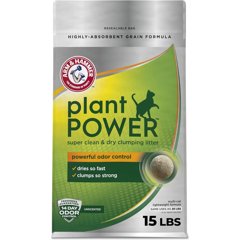 image:imageARM amp Hammer Plant Power Lightweight PlantBased Clumping Cat Litter for MultiCat Homes 14Day Odor Control Highly Absorbent Natural Grain Formula Unscented 15 Lbs