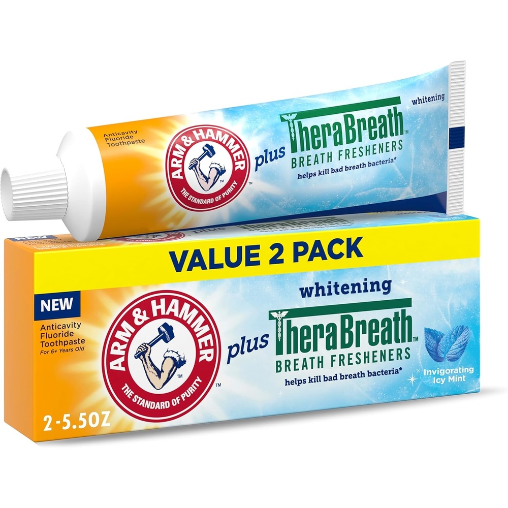 image:imageARM amp Hammer Toothpaste Plus TheraBreath Breath Fresheners ICY Mint Flavor Teeth Whitening Toothpaste Anticavity Fluoride for Bad Breath 55 Oz Pack of 255 Ounce Pack of 2