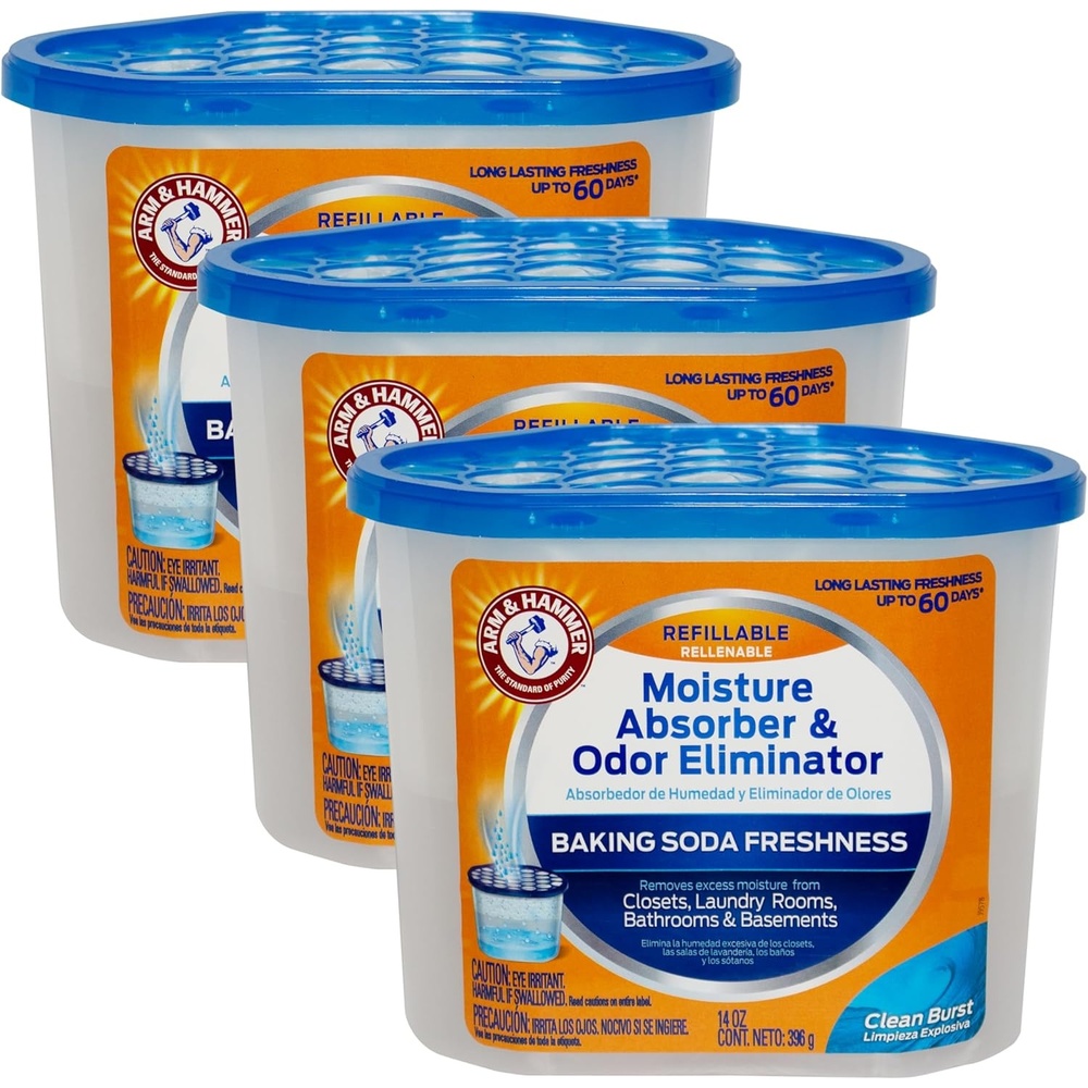 image:imageArm amp Hammer Clean Burst Moisture Absorber and Odor Eliminator Tubs 14 oz 3 Pack Attract and Trap Excess Moisture Eliminate Musty Odors Convenient and Effective