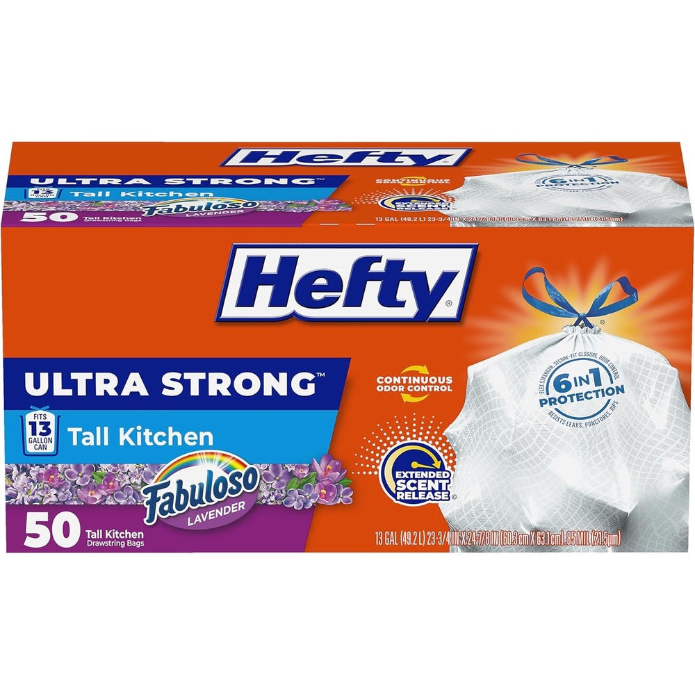 image:imageHefty Ultra Strong 13 Gallon Trash Bags Tall Kitchen Drawstring Closure Odor Control White Lavender Sweet Vanilla 80 Count1 Count Pack of 50