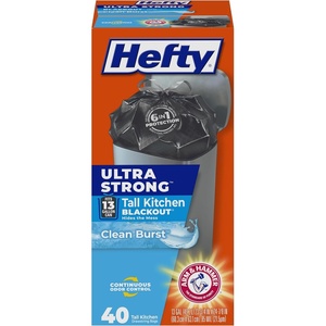 Hefty Ultra Strong 13 Gallon Trash Bags, Black Tall Kitchen Trash Bags 13 Gallon Size, Break Resistant Drawstring Enclosure, Continuous Odor Control, Blackout, Clean Burst Scent, 80 Bags(Clean Burst)