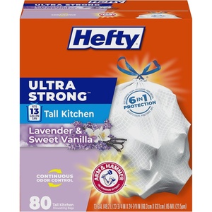 Hefty Ultra Strong 13 Gallon Trash Bags, Tall Kitchen, Drawstring Closure, Odor Control, White, Lavender, Sweet Vanilla, 80 Count(80 Count (Pack of 1))