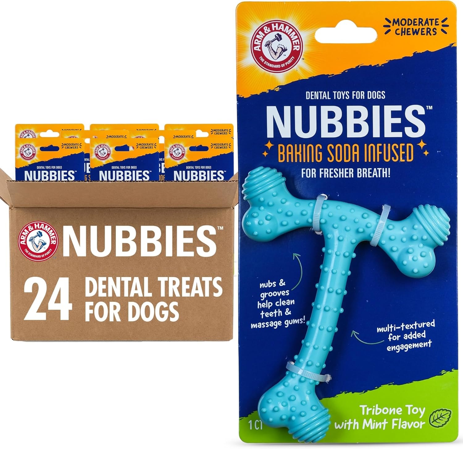 image:imageArm amp Hammer Nubbies TBone Dental Chew Toy Peanut Butter Flavor Textured Toy Helps Clean Teeth Supports Oral Care for Dogs Up to 35 Lbs 24 Pack NonEdible Supervised Daily Chewing at HomeBlue TBone